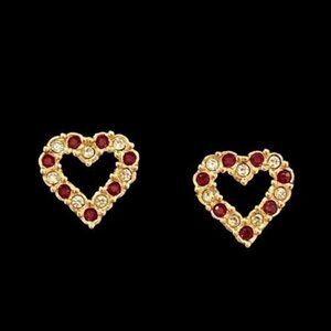 Vintage Avon Sparkling Heart‎ Earrings Studs Gold Tone Red White Crystals 1992
